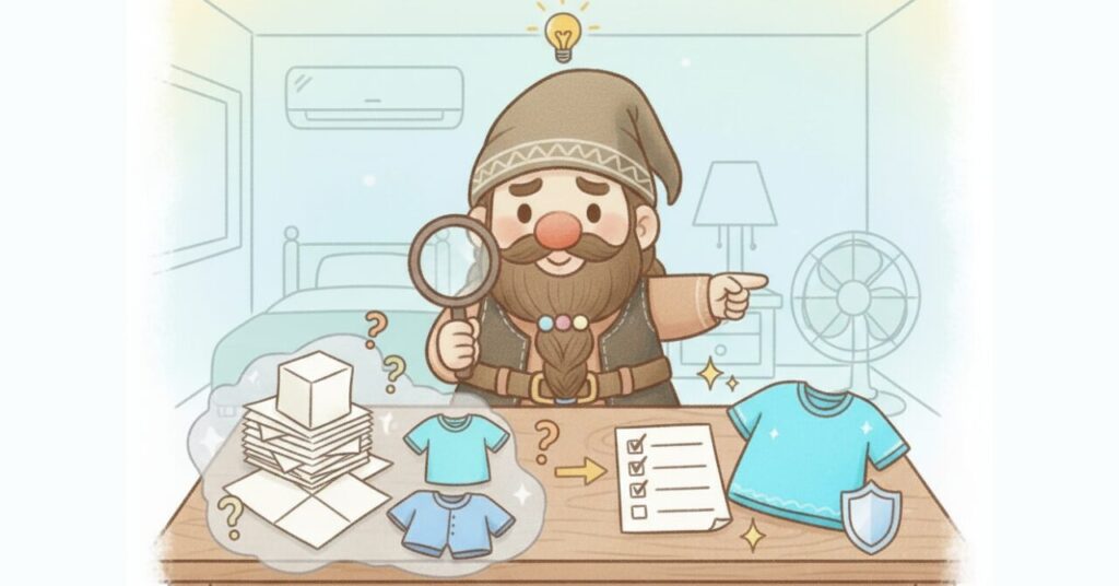 迷って混乱した状態からチェックリストで整理して正解を選ぶ流れを、ドワーフが虫眼鏡で確認しながら指差して説明するイラスト