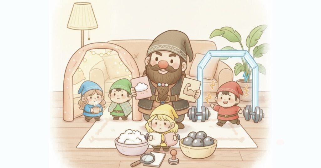 ドワーフが回復目的と運動目的のカードを持ち、リラックス側とトレーニング側のゲートに小人たちが分かれる様子で、目的に合った方を選ぶのが正解だと示すイラスト