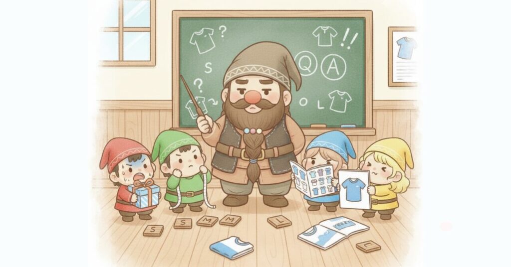 黒板の前でベネクスギフトの疑問を説明するドワーフと、サイズに悩む小人たちが集まっているイラスト