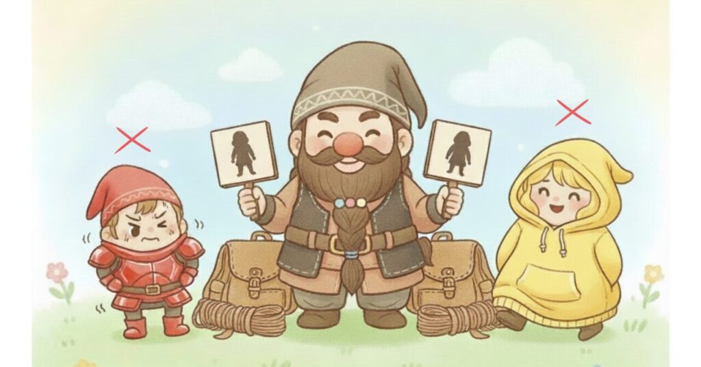 サイズを間違えた小人たちが、きつすぎ・ゆるすぎで困っているシーン。中央のドワーフが正しいサイズ感のシルエットを示し、サイズ選びの大切さを説明しているイラスト。