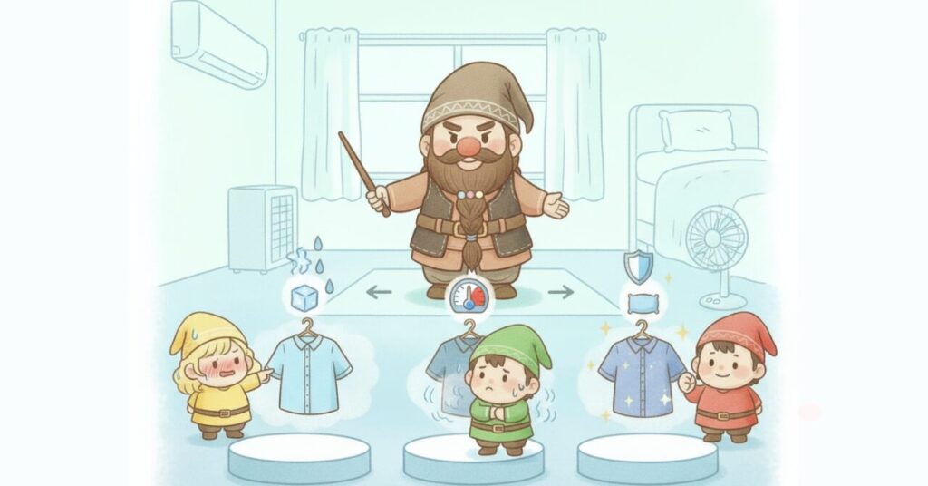 ドワーフが指示棒で3つの人気モデルを仕分けし、汗だくの黄色い小人・寒そうな緑の小人・元気な赤い小人がそれぞれ向く服の前に立つイラスト