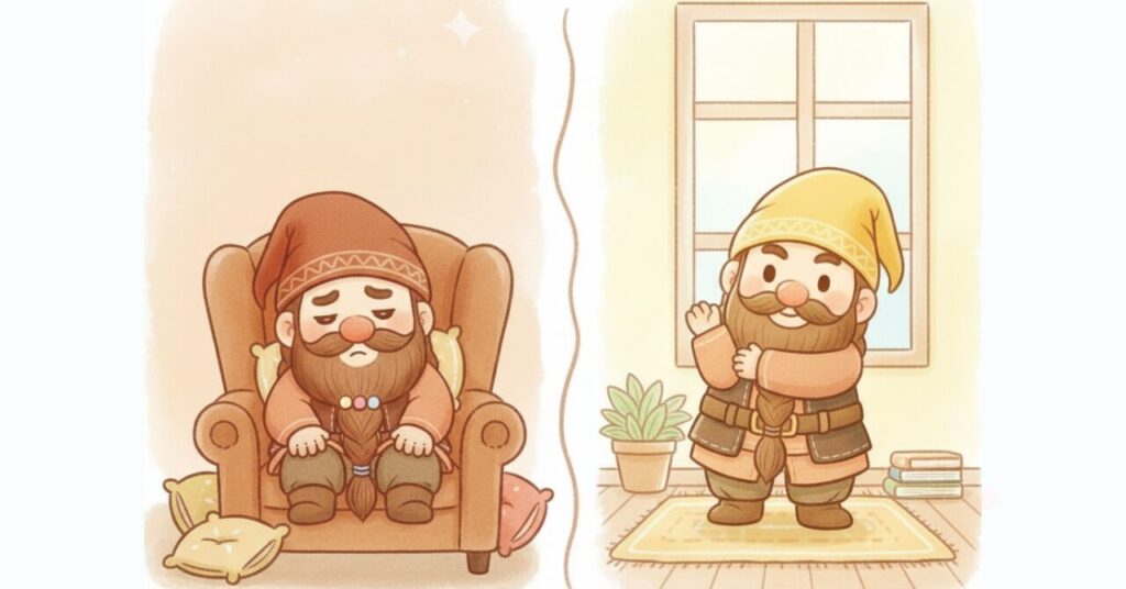 疲れてソファに座り込むドワーフと、軽く体を整えて立つドワーフを左右に分けて描き、リフレッシュが向く人・向かない人の違いを表現したイラスト