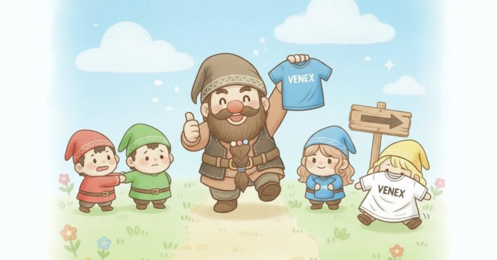 ドワーフがVENEXシャツを掲げながら親指を立て、サイズに迷う小人たちの背中を押している場面。小人たちはそれぞれ違うサイズのシャツを持ち、案内板の前で次の一歩を考えているイラスト。