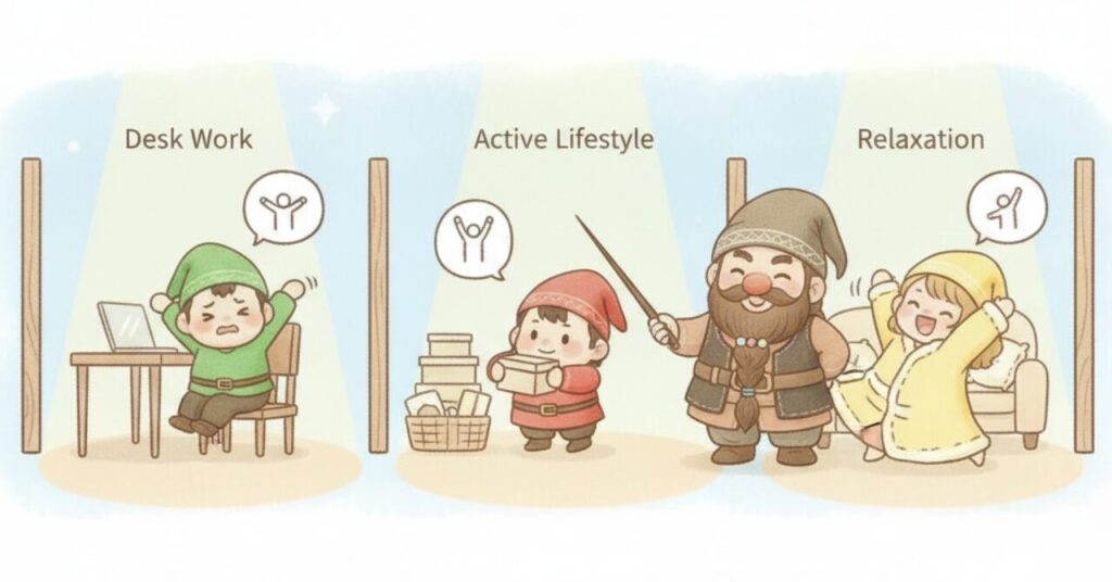 デスクワーク、アクティブな生活、リラックス中心の3つの生活パターンを小人たちが演じ、中央のドワーフがそれぞれに合うサイズ感の違いを案内しているイラスト。