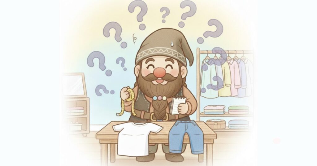 ドワーフがメジャーとメモ帳を持ち、服を前にサイズ選びの疑問を整理しているFAQ用イラスト