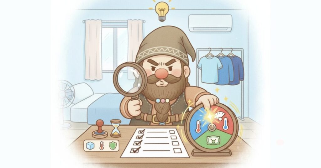 ドワーフがチェックリストを確認しながらルーレットで3タイプを判定し、最適な1着を決める診断風イラスト