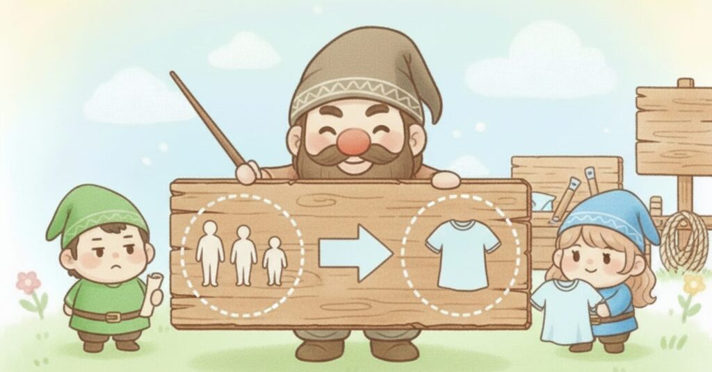 ドワーフが木製ボードで『ユニクロサイズからリカバリーウェアサイズへの変換』を説明し、小人たちがサイズの目安を確認している様子のイラスト