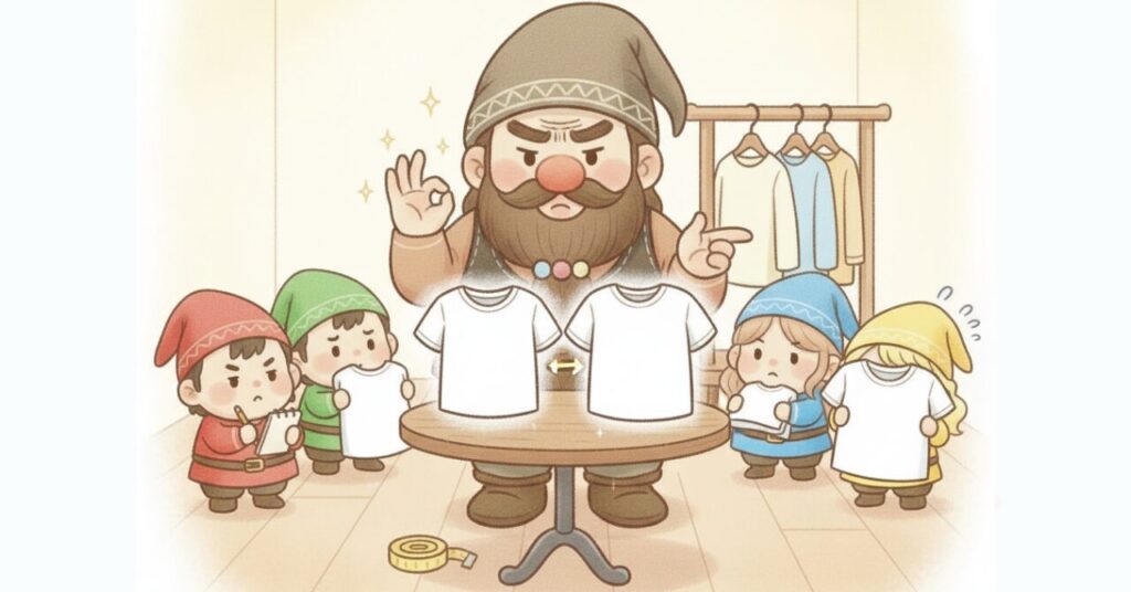 ドワーフと4人の小人が2枚の服を比べながら、ユニクロと同じか1つ上のサイズを選ぶ目安を示しているイラスト