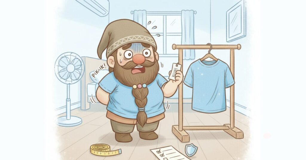 サイズが合わずパツパツで焦るドワーフと、横でキラキラした正解の服が待っている様子を描いたイラスト