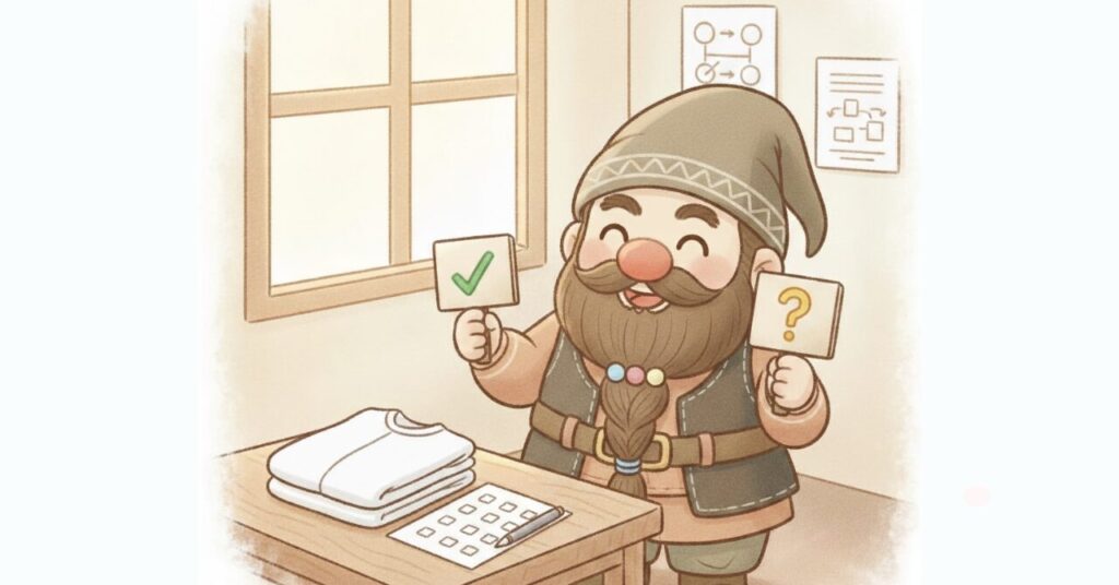 ドワーフがチェックマークと疑問マークの札を持ち、机の上のリライブシャツとチェック表を見ながら相性を確認しているイメージ