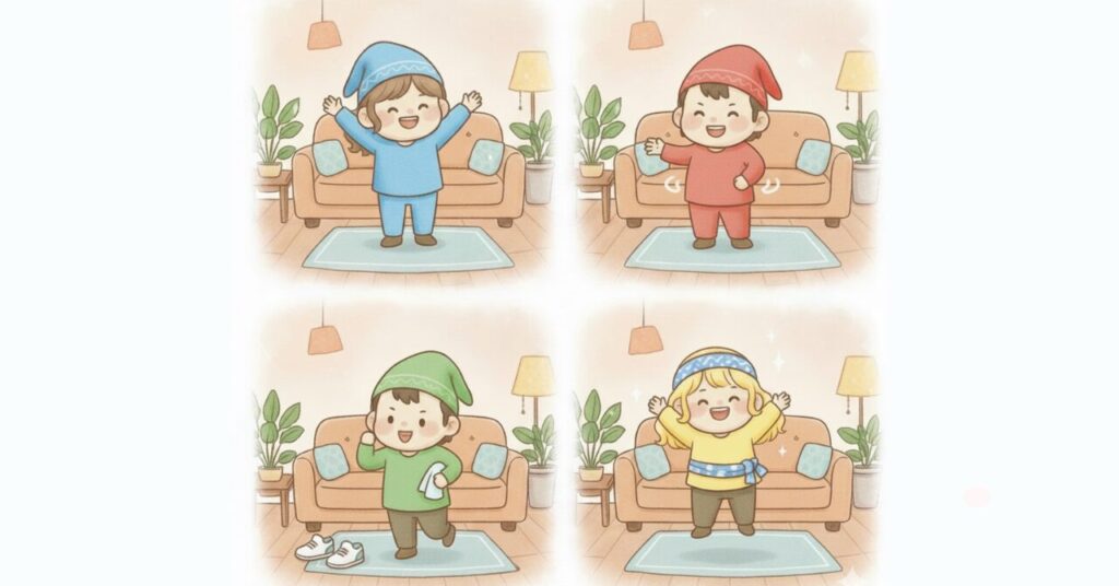 長袖のコンプレッションウェアを着た小人4人が、ストレッチや軽い運動を楽しむ様子で、圧が強すぎずスポーツ寄りに使える特徴を表したイラスト