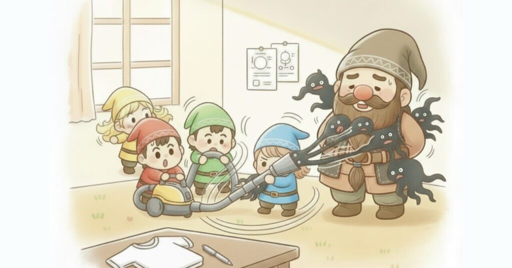 小人たちが掃除機でドワーフの体にまとわりついた黒いモヤモヤを吸い取り、リライブシャツの仕組みとラクに感じる理由を表現したイメージ