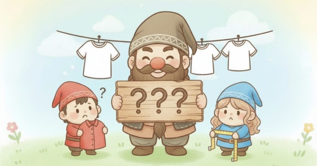 ドワーフが“???”の看板を持ち、赤い小人が服を持って悩み、青い小人が巻き尺を見て困っている。サイズ選びの疑問を表現したイラスト。