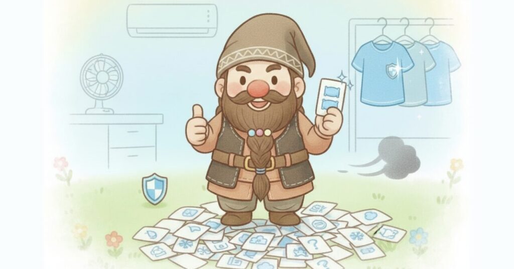 悩みカードが散らばる中でドワーフが1枚だけ選び、親指を立てて迷いを解消するまとめイメージのイラスト