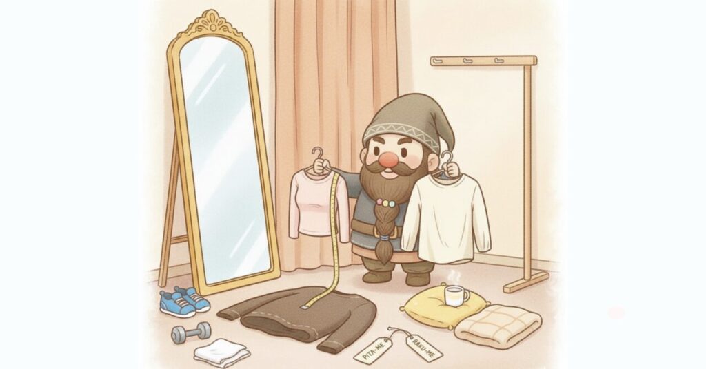 ドワーフが鏡の前でメジャーを持ち、ピタ目とラク目の長袖ウェアを比べながら、身長と目的に合わせたサイズ選びを表したイラスト