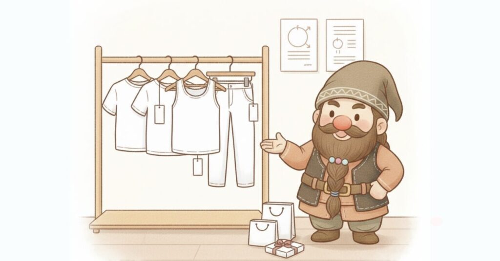ドワーフが服屋さんでリライブシャツの半袖・長袖・インナー・パンツをハンガーラックに並べて紹介しているイメージ