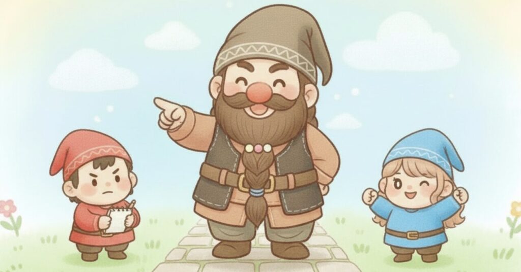 ドワーフが前方を指さし、赤い小人がメモを取り、青い小人が笑顔でガッツポーズする。サイズ選びを今日から見直すイメージイラスト。