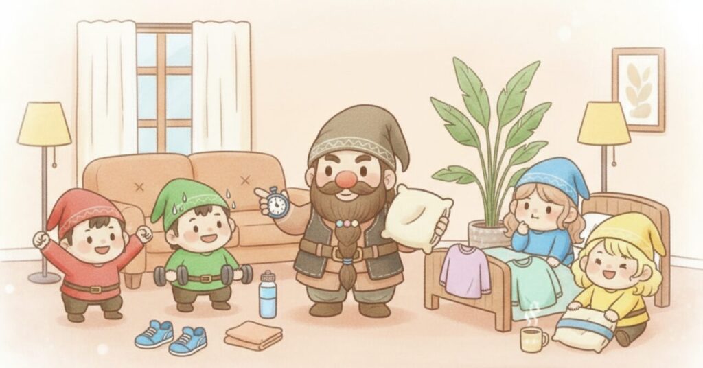 ドワーフがストップウォッチと枕を持ち、運動する小人たちと寝る準備をする小人たちを並べて、運動時に効果を感じやすく寝るときは注意が必要な使い方を表したイラスト