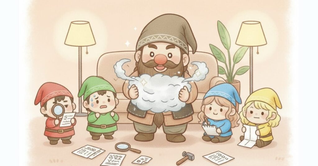 ドワーフがモヤモヤした雲を整え、虫眼鏡で調べる小人やメモを取る小人たちと一緒に「効果ない?怪しい?」という不安を整理して安心に変える様子を描いたイラスト