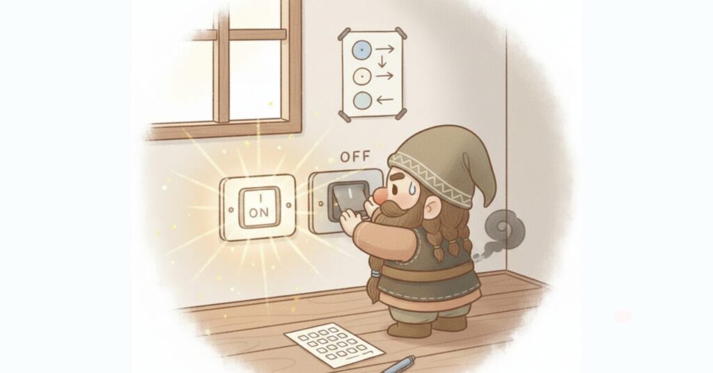 ドワーフが回復スイッチをONに切り替えようとし、効果を感じやすい状態と感じにくい状態の違いを表現しているイメージ