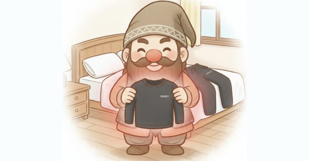 ドワーフがベネクスの黒いトップスを笑顔で持ち上げ、ベッドには同じベネクスのパンツが置かれている場面。ベネクスの仕組みや特徴を初心者向けに紹介するセクション用の見出し画像。