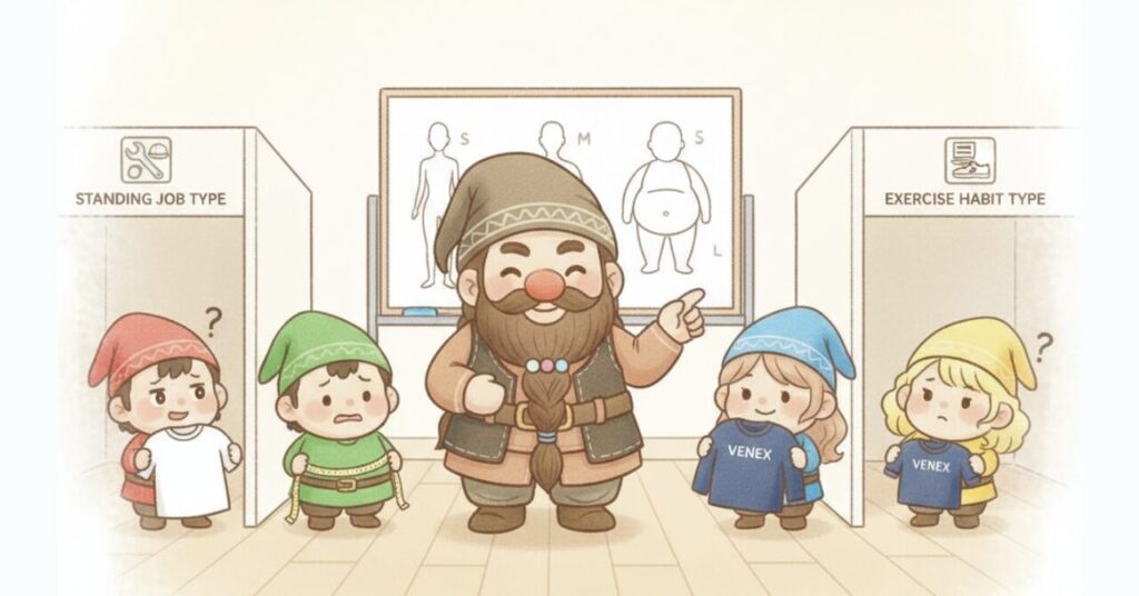 ドワーフと4人の小人が、立ち仕事・座り仕事・運動習慣などのタイプ別にVENEXサイズを選んでいるイラスト。ホワイトボードに体型シルエットが描かれ、小人たちがTシャツやメジャーを持ってサイズに迷っている様子がコミカルに表現されている。