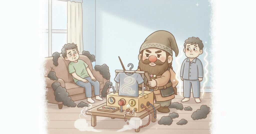 ドワーフがリカバリーウェアを機械で調整し、だるい40代男性と変化しそうな男性の違いを表現しているイラスト