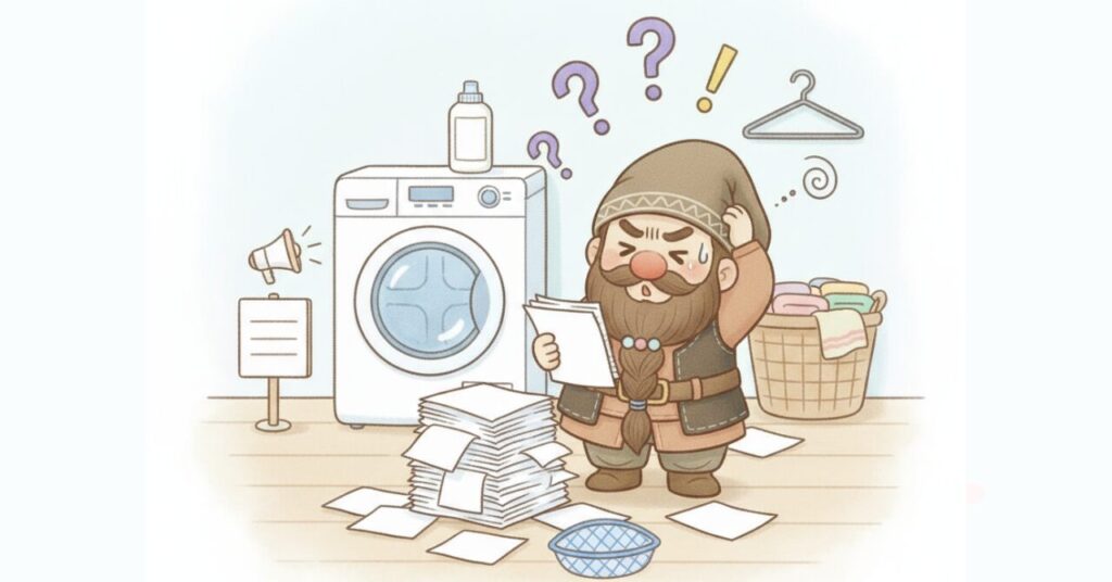 洗濯機の前で質問の紙が山積みになり、困りながら確認するドワーフのイラスト