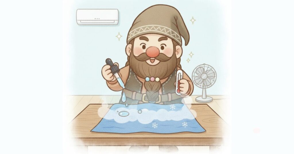 スポイトで水滴を落として冷感ウェアの仕組みを説明するドワーフのイラスト（冷気のモヤと雪の結晶付き）