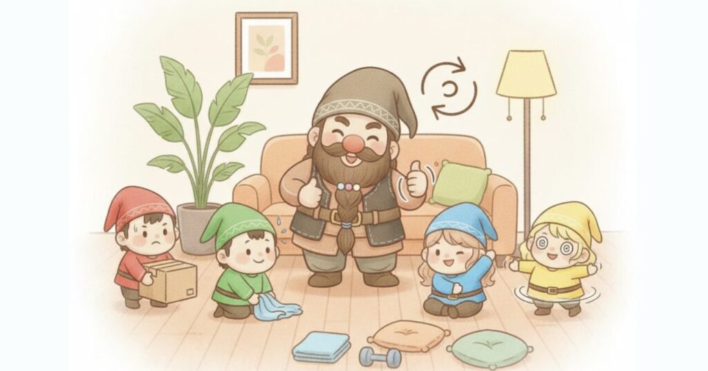 ドワーフが「ひねる動き」を合図に親指を立て、小人たちが荷物運びや雑巾がけで体をひねる動作をしながら、迷ったら捻転動作が多い人向けに選ぶと後悔しにくいことを表したイラスト