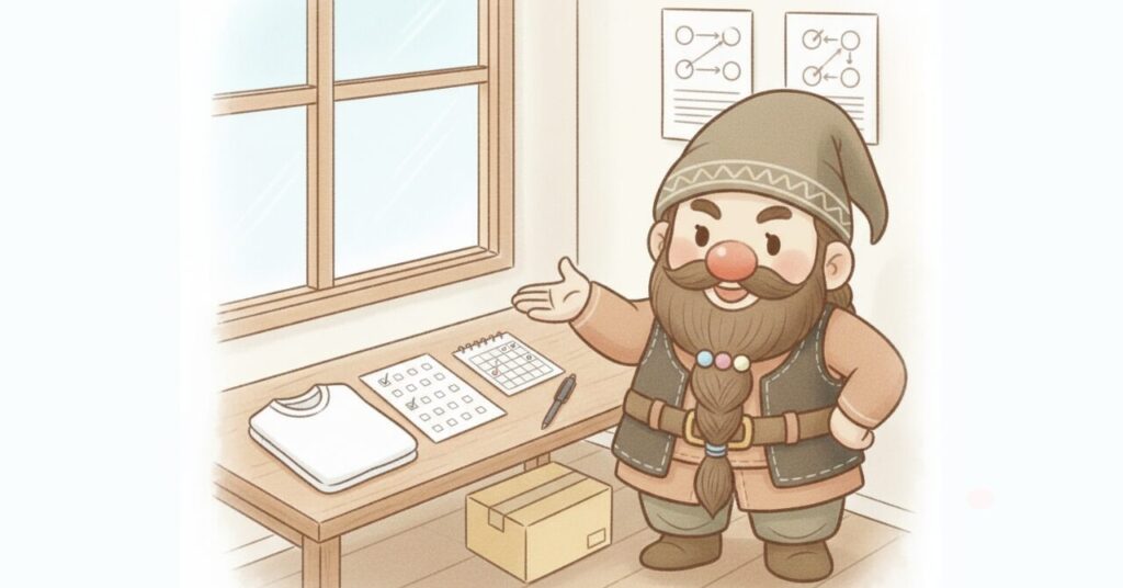 ドワーフが机の上のリライブシャツとチェック表、カレンダーを指差して初心者向けの選び方と続け方のコツを案内しているイメージ