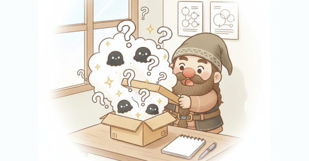 ドワーフが箱を開けた瞬間に疑問符や黒いモヤモヤが飛び出し、リライブシャツのよくある質問をまとめたイメージ