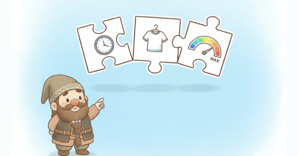 時計・Tシャツ・期待値メーターの3つのパズルピースと、それを見上げて指さすドワーフのイラスト。リカバリーウェアの効果が出にくい理由を示すイメージ画像。