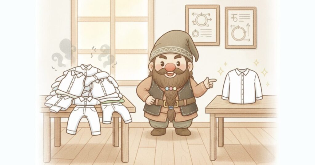 ドワーフが服の山とシャツ1枚を比べて、無理せず1枚から様子を見る選び方を表現したまとめ用の見出し画像