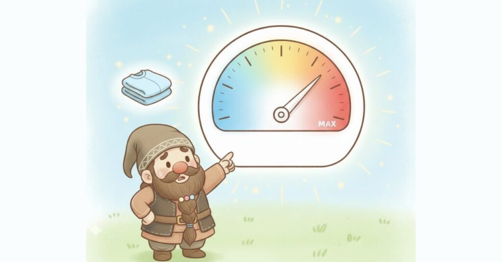 MAX付近を指すメーターを指さし、不安そうな表情をしたドワーフと、横に畳まれた服が描かれたイラスト。リカバリーウェアの効果を急ぎすぎて期待が高まっている様子を表現した画像。