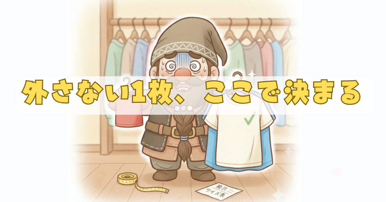サイズ表を見ながら迷うドワーフが、小さすぎる服とちょうどいい服を比べているイラスト