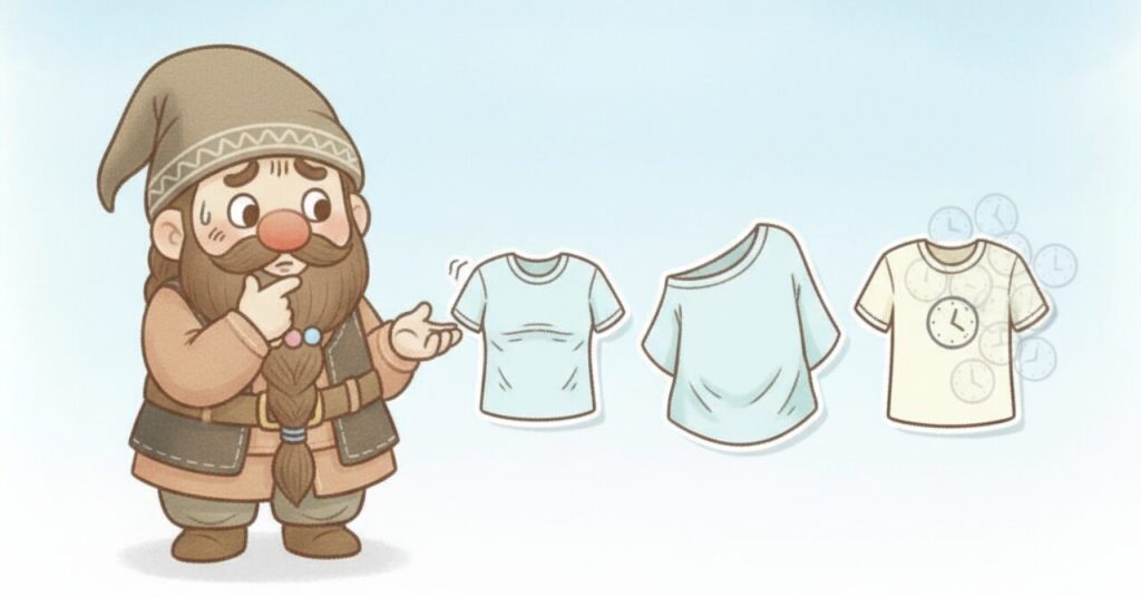 ドワーフが首をかしげながら、ピチピチのシャツ・ダボダボのシャツ・着用時間がバラバラなことを示す時計アイコン付きのシャツを見比べているイラスト。リカバリーウェアのサイズや着方のズレを表現。