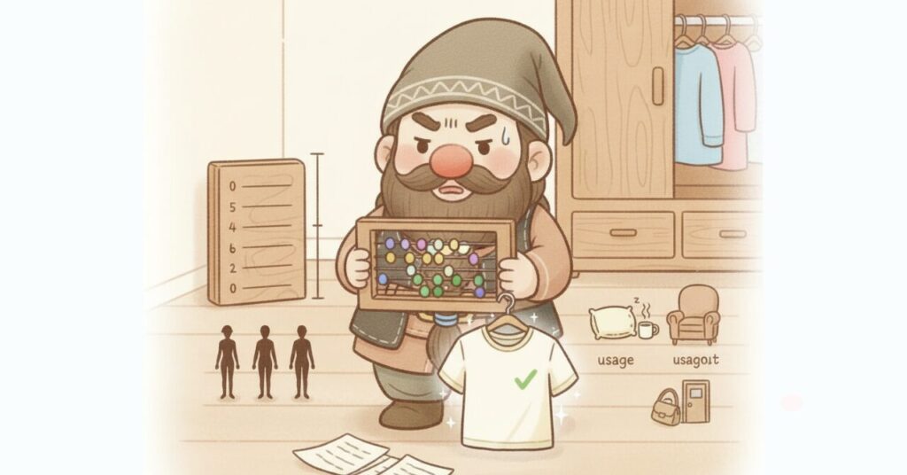 身長計と体型シルエット、用途アイコンを見ながら、ドワーフがそろばんでサイズを計算しているイラスト