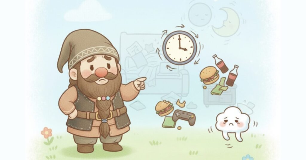 散らかった生活環境や乱れた睡眠リズム（時計、月と太陽、ジャンクフード、ゲームなど）の周りで、ドワーフが困った表情で指差し、疲れた雲キャラがへとへとになっている様子のイラスト。背景は淡い色合いで縁が白いもやで包まれている。