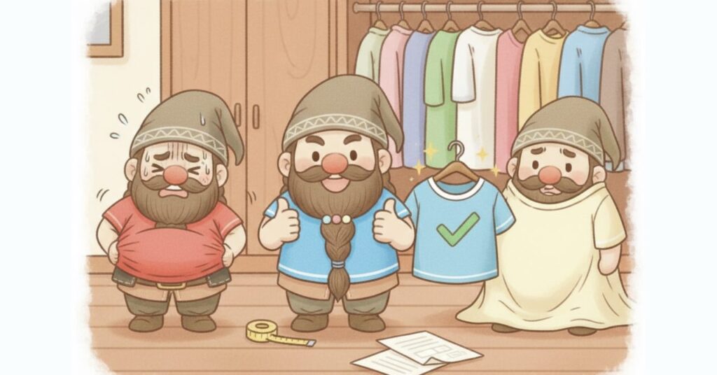 ピチピチで苦しそうなドワーフ、ちょうどいいサイズで笑顔のドワーフ、ダボダボで服に飲まれたドワーフを並べたサイズ比較イラスト