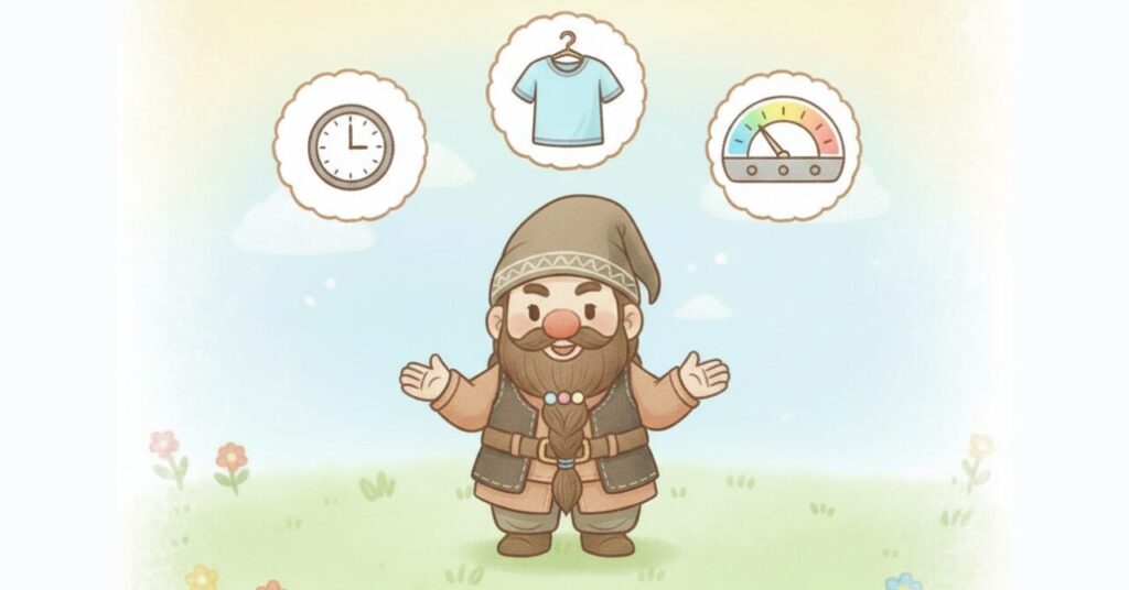 ドワーフが笑顔で3つの見直しポイント（生活リズム・サイズと着方・期待値の調整）を示すイラスト。明るい空と花畑の背景で、全体が白いもやに包まれた柔らかい雰囲気。