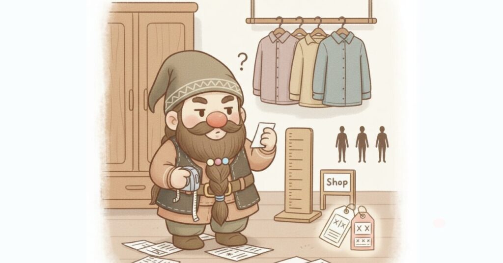 服を見比べながら、メジャーとタグを手にサイズ選びで迷うドワーフのイラスト