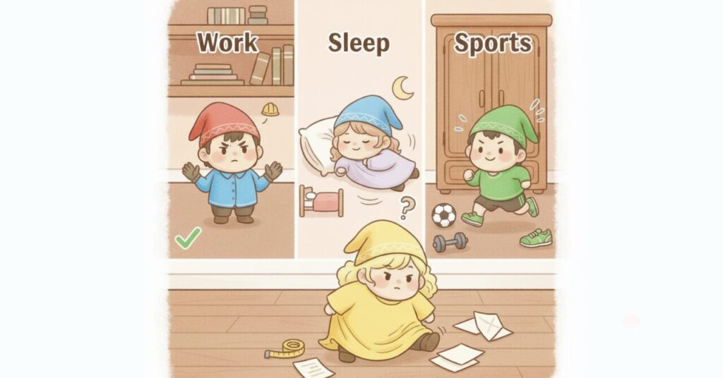 仕事・睡眠・スポーツの場面ごとに動き方が違う小人たちと、サイズ選びで迷う黄色い小人を描いたイラスト