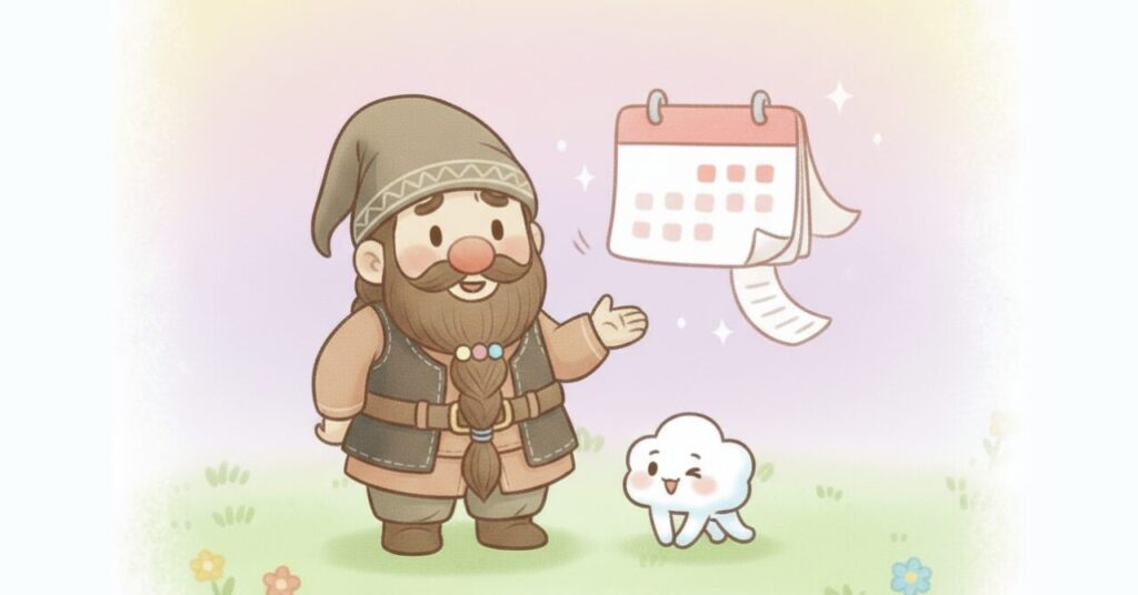 ドワーフが穏やかに微笑み、横の雲キャラと一緒にカレンダーを指しながらゆっくり変化を見守る様子を描いたイラスト。焦らず継続することを表現している。