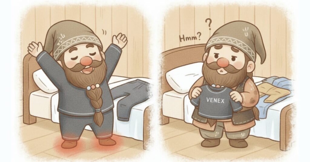 ベネクスが向いている40代と向かない40代を対比したイラスト。左ではドワーフがベネクスを着て気持ちよく伸びをし、足元がじんわり温かく光っている。右ではサイズや感覚が合わず困り顔のドワーフがシャツを持ち、首をかしげている。