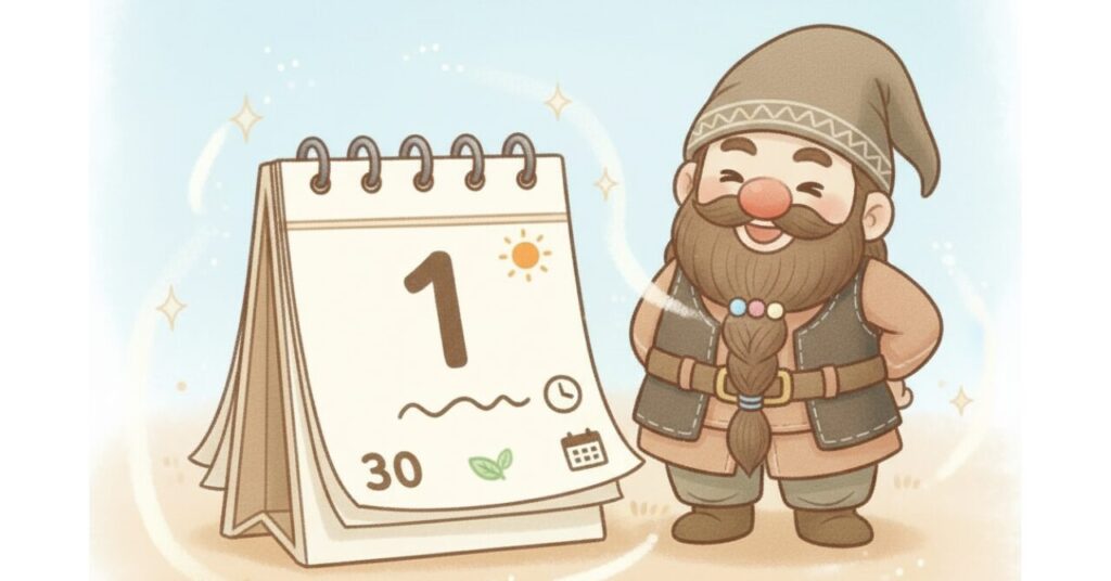 日めくりカレンダーの「1日目」のページの前で、笑顔のドワーフが立っており、リカバリーウェアの効果が数日〜1か月でじんわり現れてくるイメージを表現した画像。