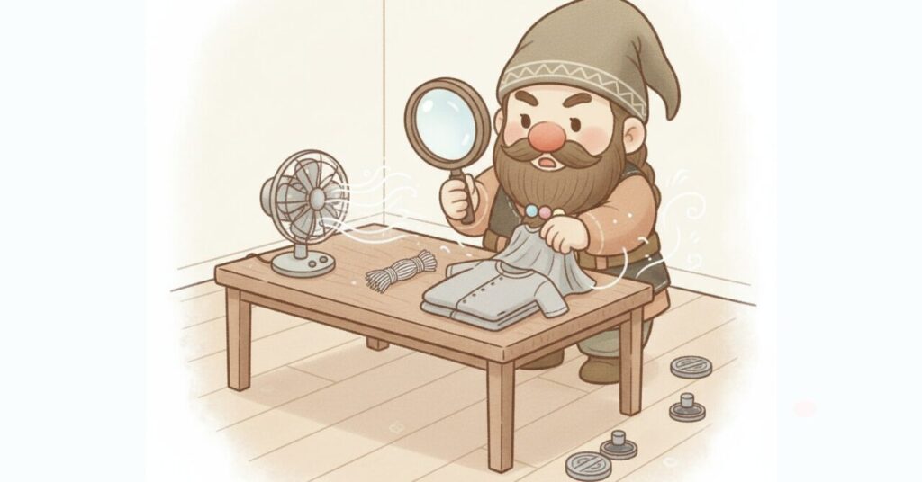 ドワーフが虫眼鏡でリカバリーウェアの生地を調べ、糸や風の演出で素材と着心地の特徴を表現しているイラスト