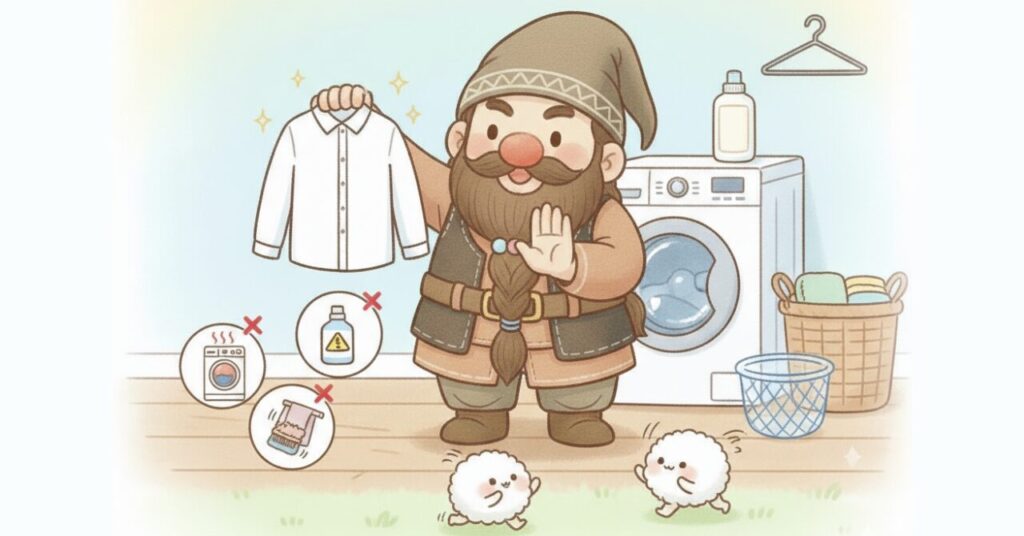 ピカピカの服を持つドワーフが乾燥機・漂白剤・ゴシゴシ洗いのNG3つを止めて、毛玉キャラが逃げていくイラスト