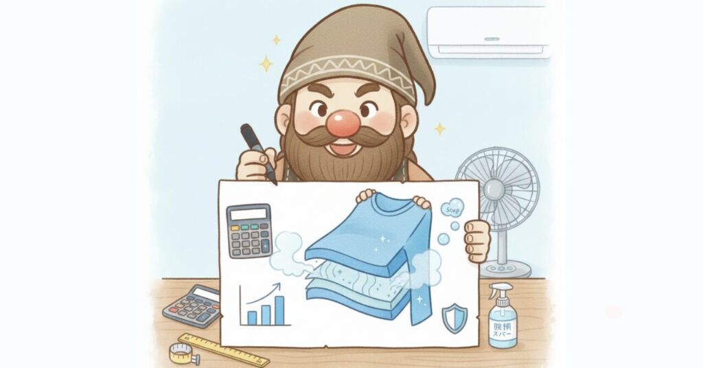 電卓やグラフ、層構造のウェア図、衛生アイコンを描いたボードをドワーフが持って説明しているイラスト