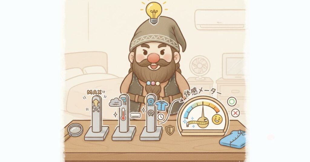 ドワーフが3つの要素メーターを調整し、体感の差が〇×で分かれる様子を表したイラスト